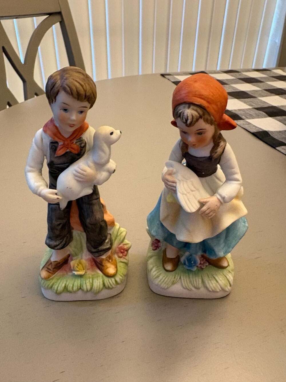 Vintage Porcelain Boy and Girl Figurine Set Sitting on Brick Walls with Animals